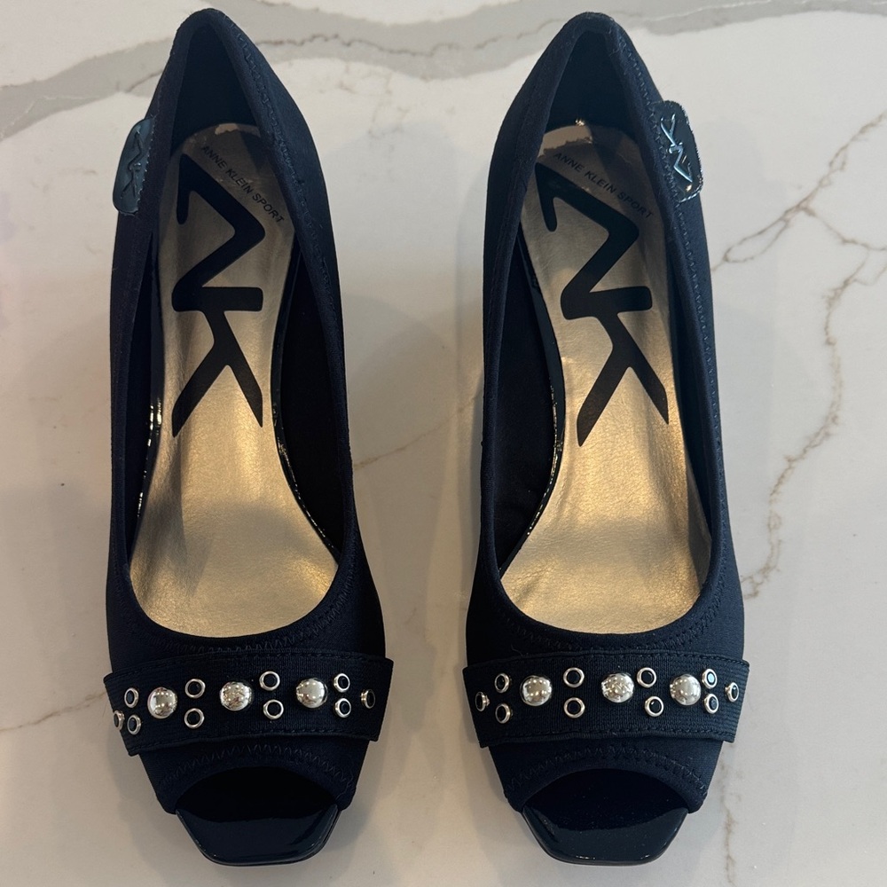 Anne Klein Black Peep-Toe Heels with Embellishments